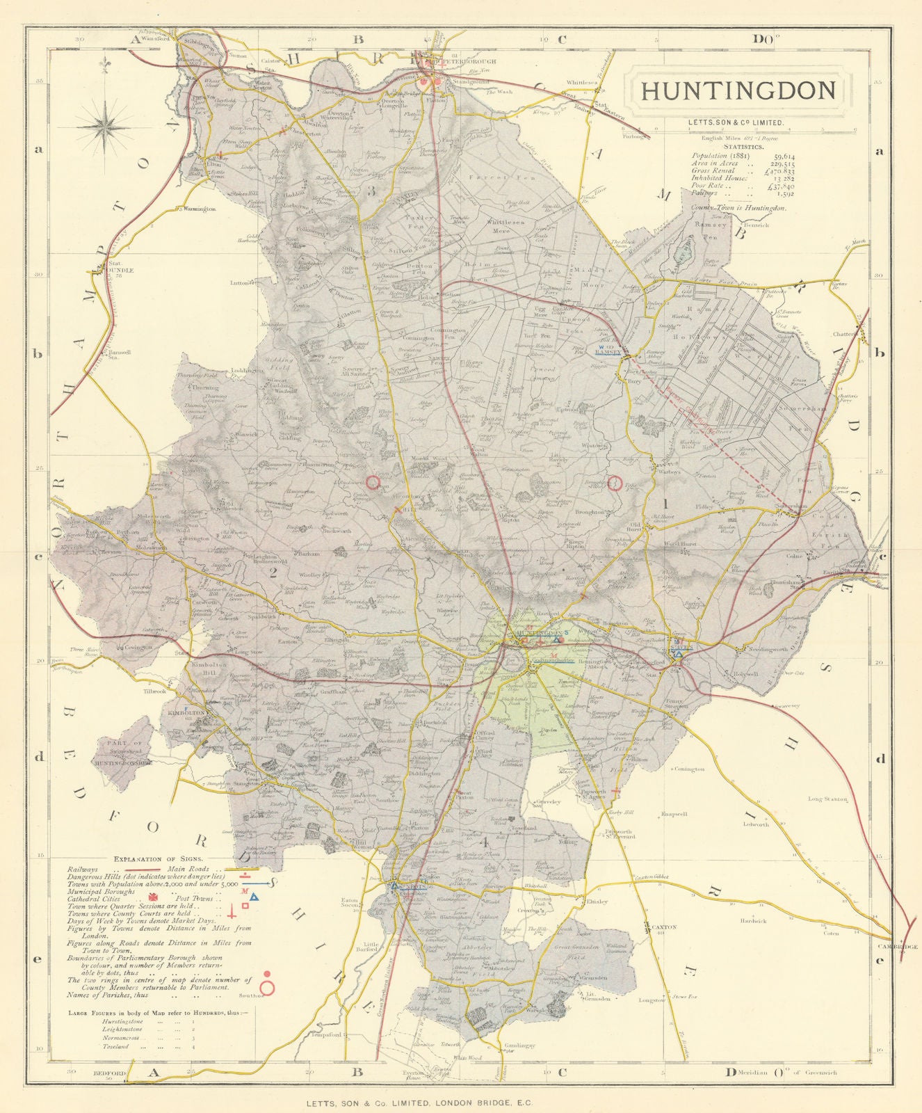 Huntingdonshire county map showing Post Towns & Market Days. LETTS 1884